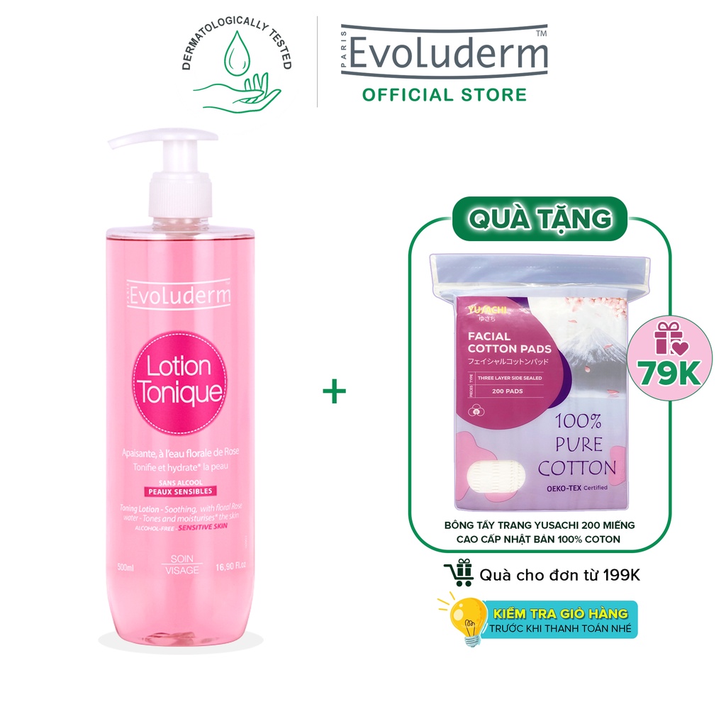 Nước hoa hồng Evoluderm Lotion Tonique dưỡng ẩm và làm sạch da dành cho da nhạy cảm 500ml