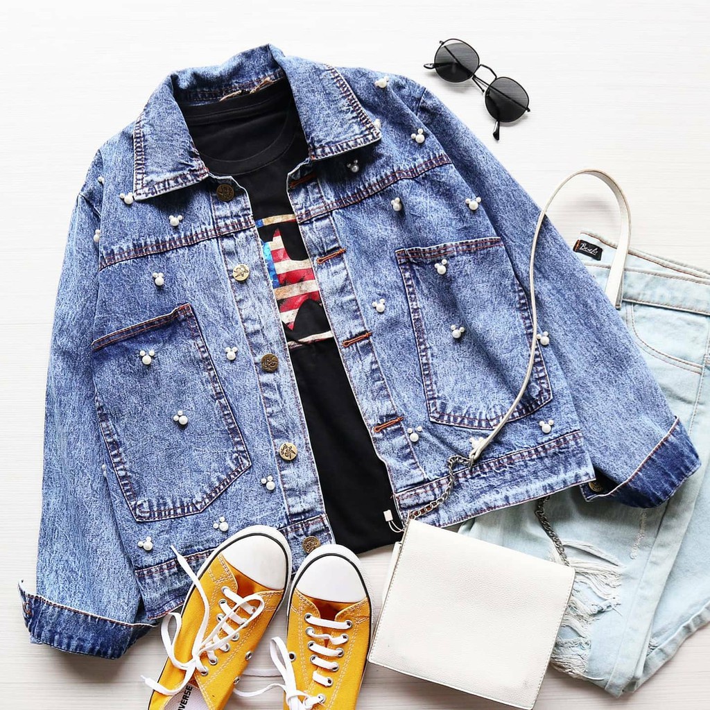 Áo khoác Jeans đính hạt ngọc trai phong cách Hàn Quốc