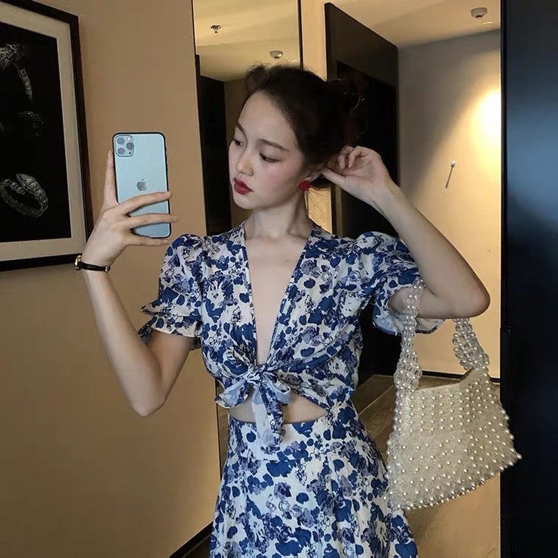 Đầm Hoa Dáng Ôm Cột Nơ Phong Cách Hàn Quốc Thời Trang Xinh Xắn Cho Nữ