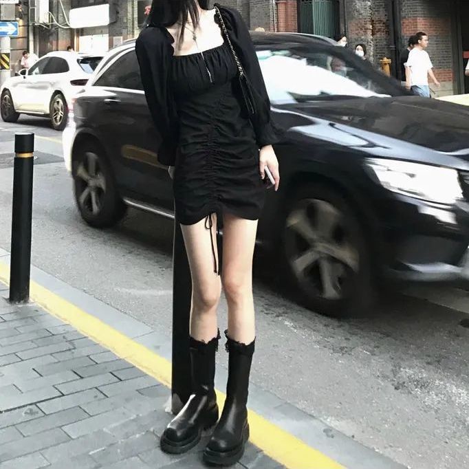 COZOK Đầm tay dài cổ vuông ôm eo phong cách retro