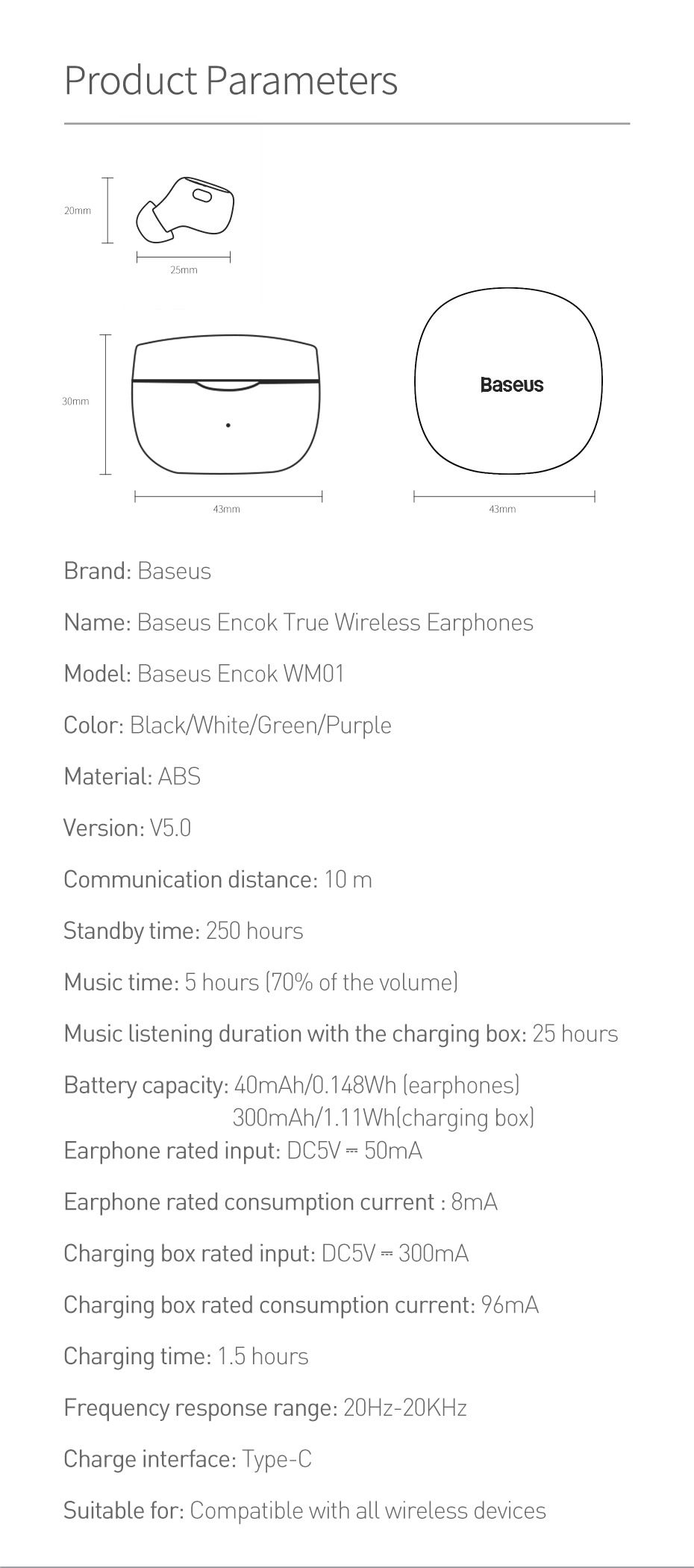 Bộ tai nghe không dây Baseus Wm01 Tws Chuyên Dụng Cho Xiaomi Iphone