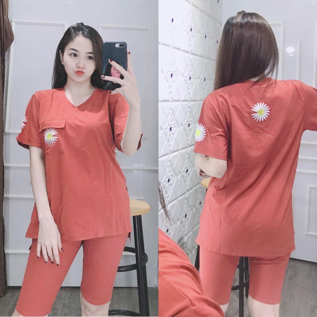 Đồ bộ mặc nhà cổ tim phối họa tiết hoa cúc dễ thương, chất thun cotton loại 1, size 45-65kg-HT53