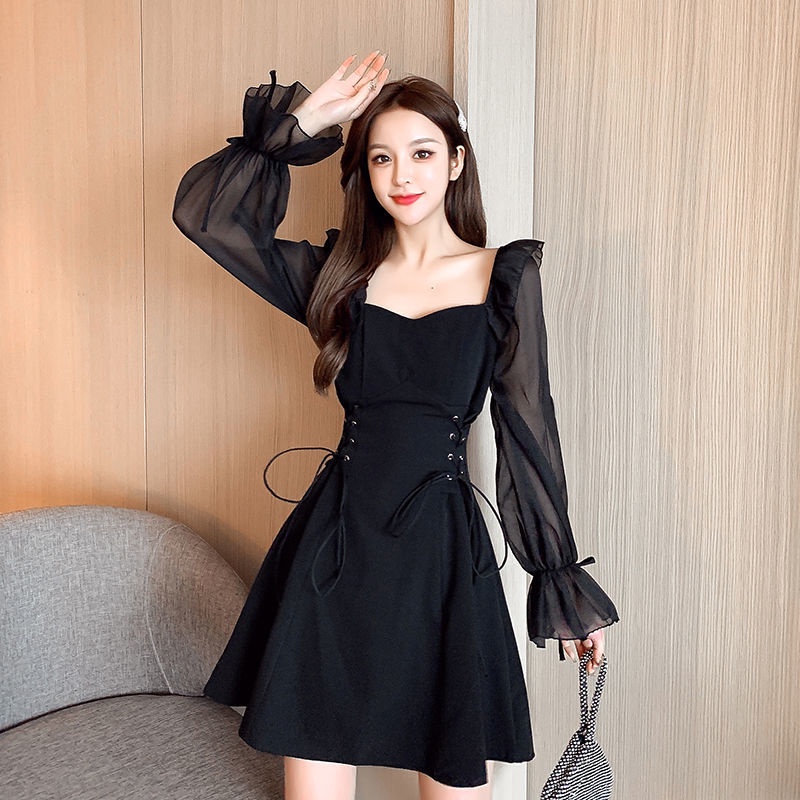 Đầm Dài Tay Cổ Vuông Thời Trang Mùa Xuân Pháp Dành Cho Nữ