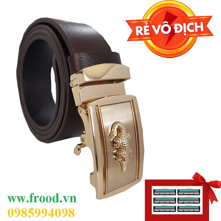 Thắt lưng nam da bò đầu khóa đồng tự động tặng kèm 6 lưoỡi dao cạo râu trị giá 60.000 đ