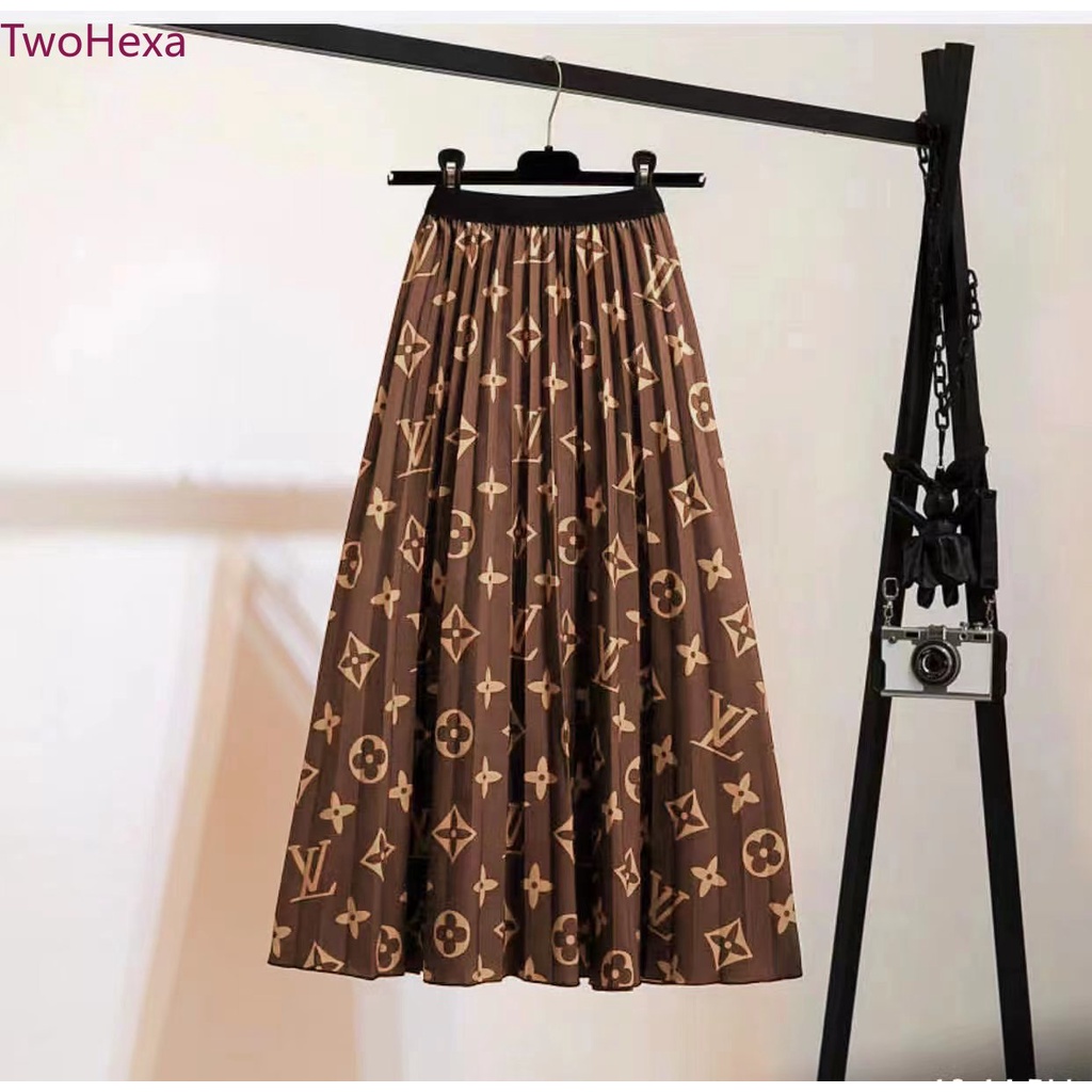 Chân Váy Midi Lưng Thun Xếp Ly In Chữ Màu Nâu Thời Trang Mới Năm 2022 Cho Bạn Gái