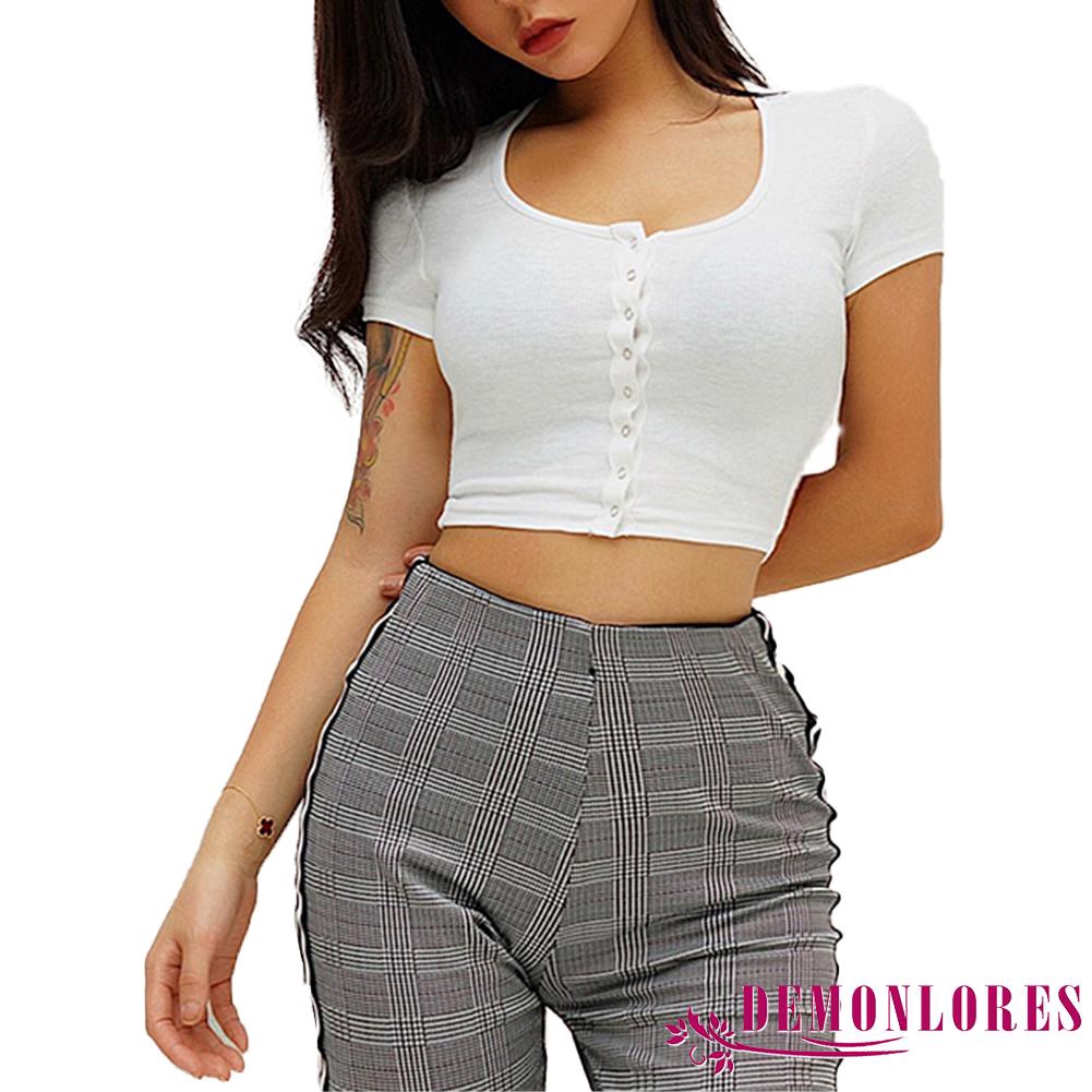 Áo Croptop Tay Ngắn Cổ Tròn Màu Trơn Thiết Kế Quyến Rũ Cho Nữ