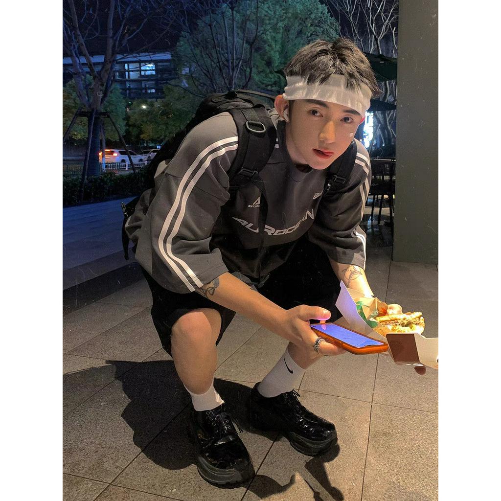 Áo Thun cotton Tay Lửng Họa Tiết Kẻ Sọc Phong Cách Thể Thao Vô Cực 320g Cho Nam