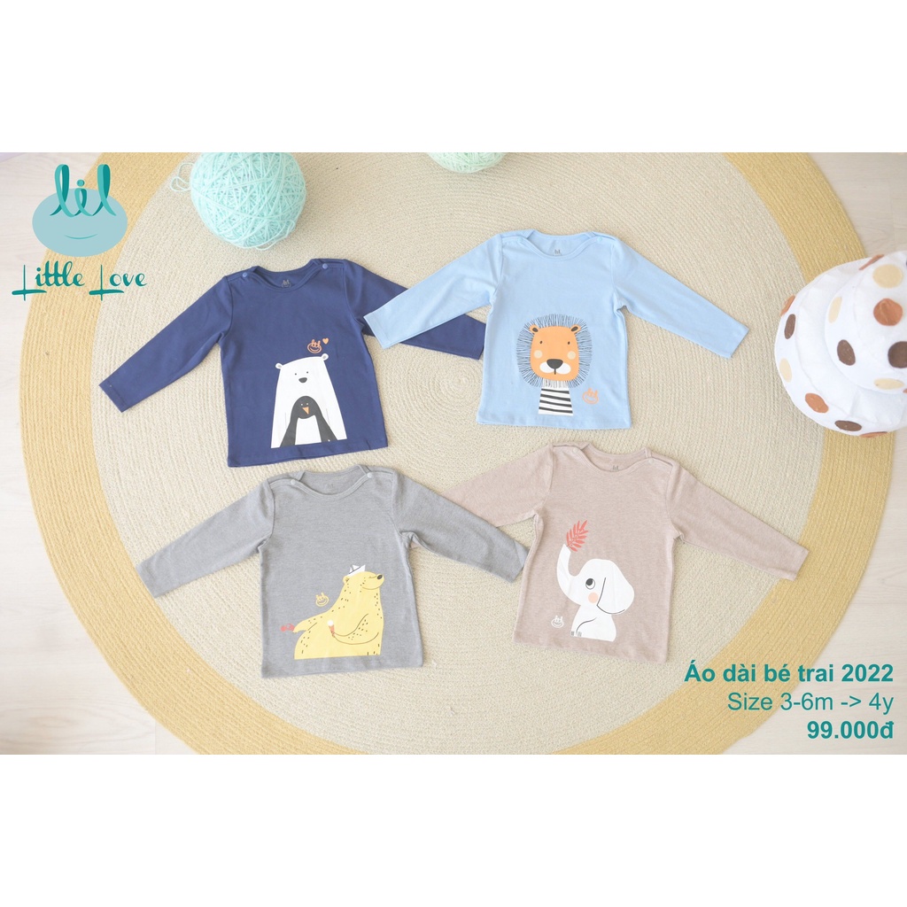 [Mã BMTTC60K giảm đến 60K đơn 50K] Áo dài tay cotton in hình cho bé trai từ 3m đến 4y little love (LA09)