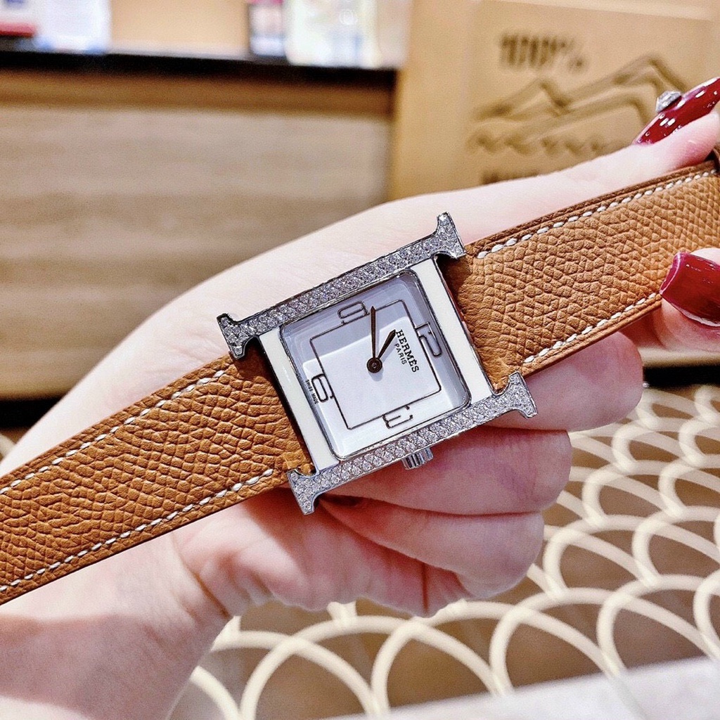 Đồng hồ Hermes Heure H Double Jeu nữ dây da - Viền Ceramic Mặt Đính Đá - Size 26x32mm hermes