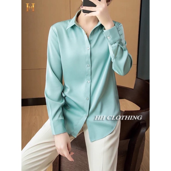 Áo sơ mi lụa trơn dáng basic rộng rão, trẻ trung HH Clothing