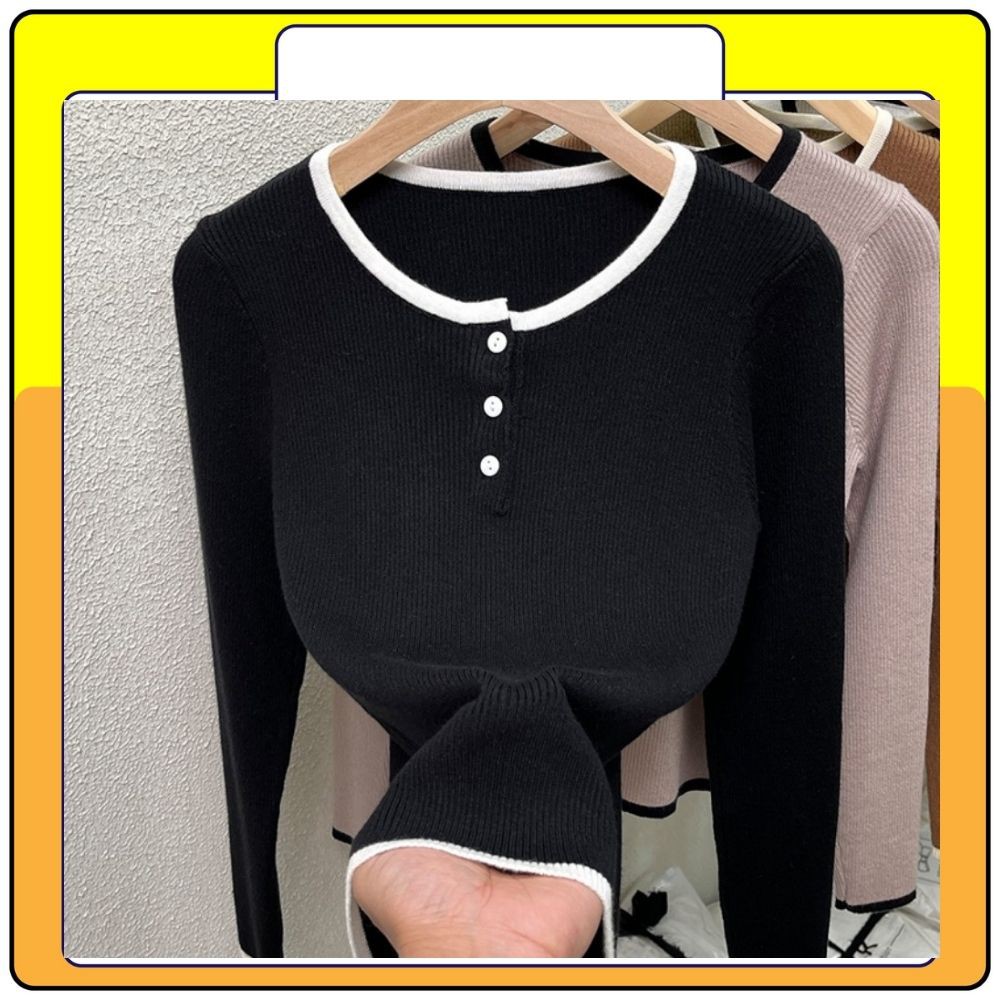 Áo sweater tay dài cổ tròn body nữ, áo len cúc nhiều màu nữ thời trang Queenshop