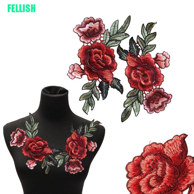 Set 2 miếng vá hình hoa hồng thêu trang trí quần áo