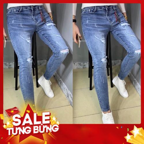 Quần jean nam wash xước rách trơn xanh co giãn ống côn cao cấp phong cách hàn quốc MS 42 - Hàng nhập khẩu