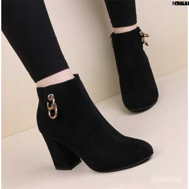 Giày Bốt Cao Gót Đế Dày Phối Nhung Cổ Ngắn Cỡ Lớn 41 Thời Trang Thu Đông Cho Nữ 42 43 41