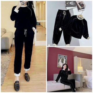 bộ đồ nữ thu đông nhung đen phối viền bèo xinh xắn