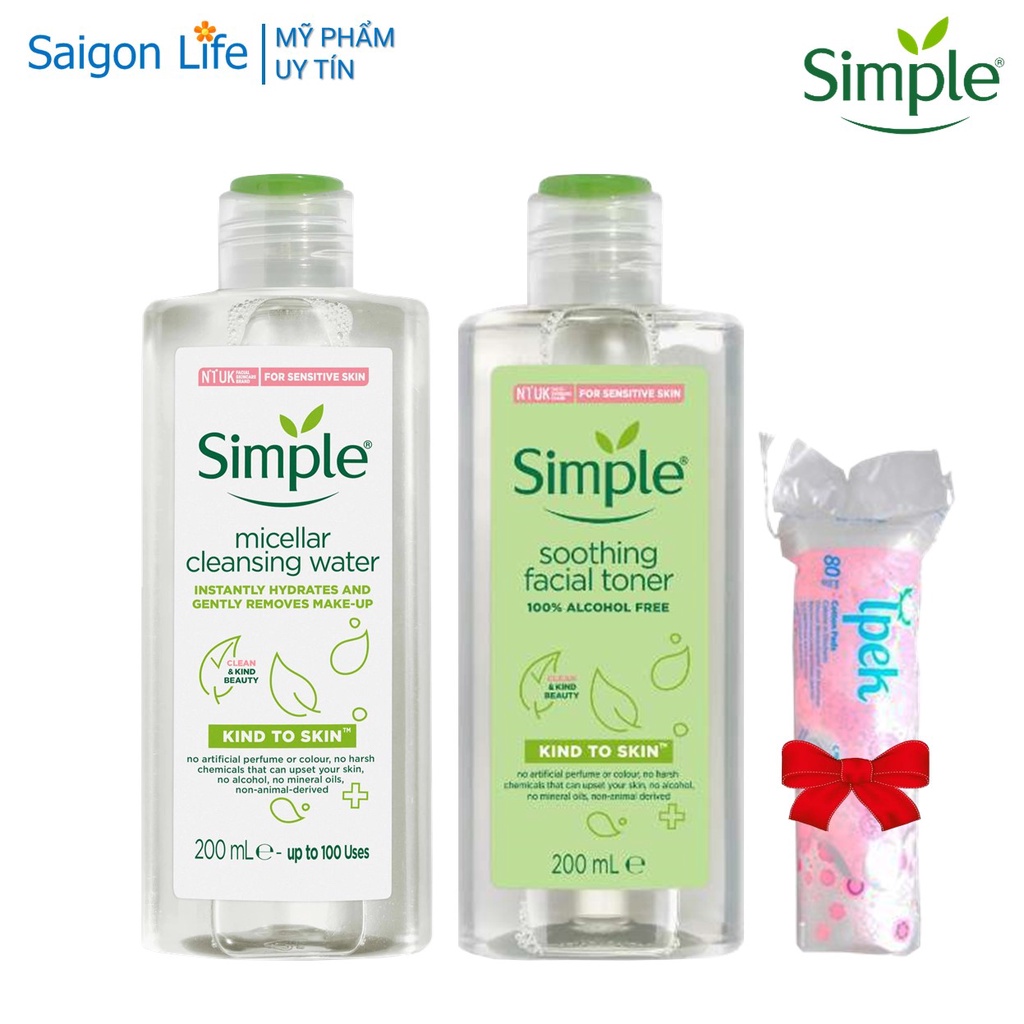 [Tặng bông] Combo Nước Tẩy Trang Simple 200ml Và Nước Hoa Hồng Simple 200ml