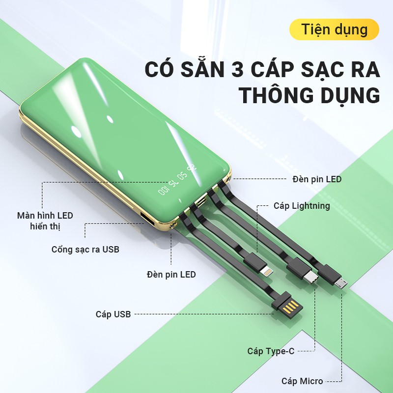 Pin sạc dự phòng tích hợp cáp sạc dung lượng 15000mAh Cát Thái KJ-A126 hỗ trợ sạc nhanh 2.1A, sạc được nhiều thiết bị