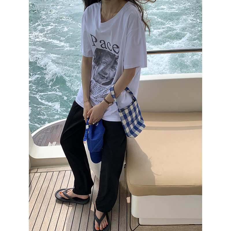 Áo thun nữ Ngắn tay Form rộng Retro Cá tính In hình Chân dung Ulzzang Hàn Quốc Áo Phông thun nữ Tay ngắn Cotton | BigBuy360 - bigbuy360.vn