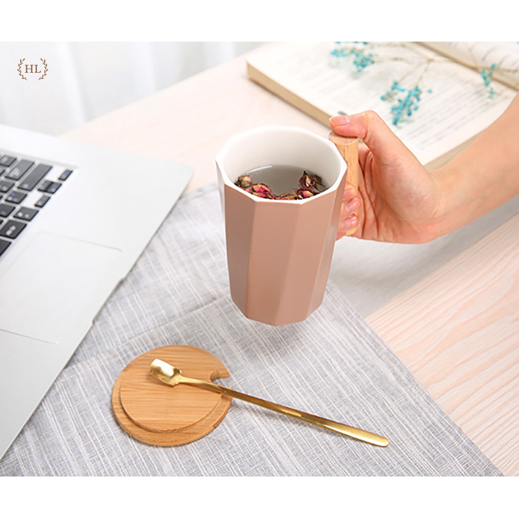 Ly sứ cao cấp tay gỗ kèm thìa inox vàng gương | LY CỐC SỨ MEN MỜ TẶNG KÈM THÌA INOX KHÔNG ĂN MÒN HOME LUXURY