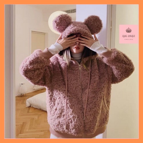 Áo khoác lông tai thỏ nữ - Khoác lông cừu dáng rộng phong cách Hàn Quốc - LINH CHI STORE