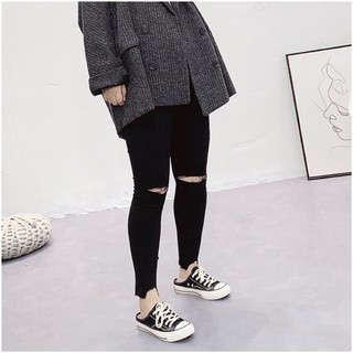 (Size 32-36) Quần Dài Jeans Skinny Đen Rách Gối Lai - Lưng Siêu Cao, Co Giãn Mạnh