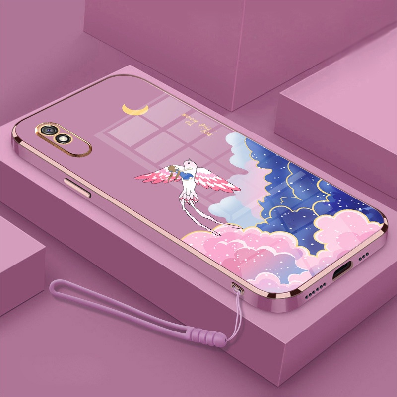 Ốp Điện Thoại Viền Mềm Mạ Điện In Hoạt Hình Kèm Dây Đeo Cho Redmi 9a 9c 9t 8a 10c