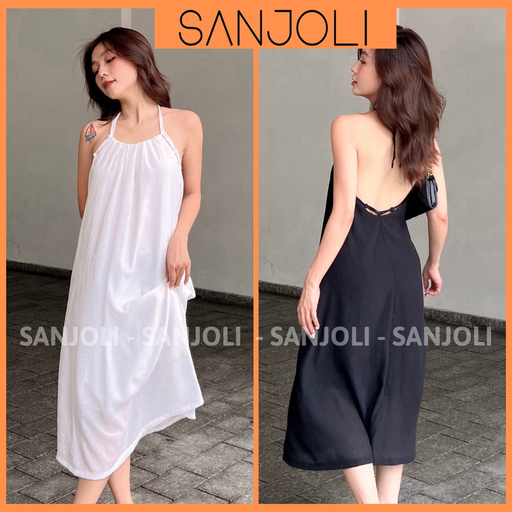 Đầm Maxi Hở Lưng SANJOLI Váy Cổ Yếm Nữ Suông Dài Thiết Kế Đi Biển Xinh Chất Vải Đũi Dự Tiệc Cưới Sang Trọng VD062 | BigBuy360 - bigbuy360.vn