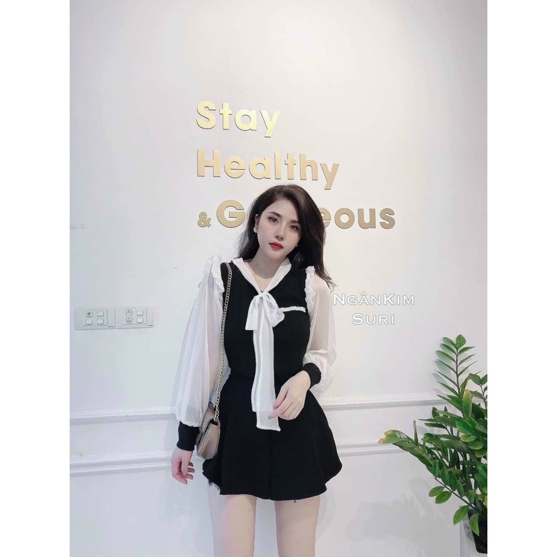 áo sơ mi phối tay voan cột nơ