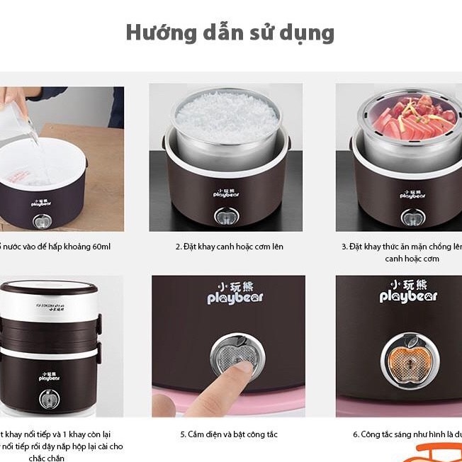 [Tặng Túi] Hộp cơm cắm điện Hộp cơm hâm nóng inox cao cấp 3 tầng Play Bear tiện dụng