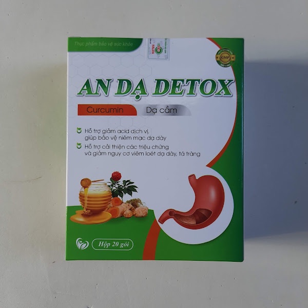 Nano Curcumin An Dạ Detox giúp giảm nhanh các triệu chứng viêm đau dạ dày, viêm loét dạ dày, tá tràng- hộp 20 gói