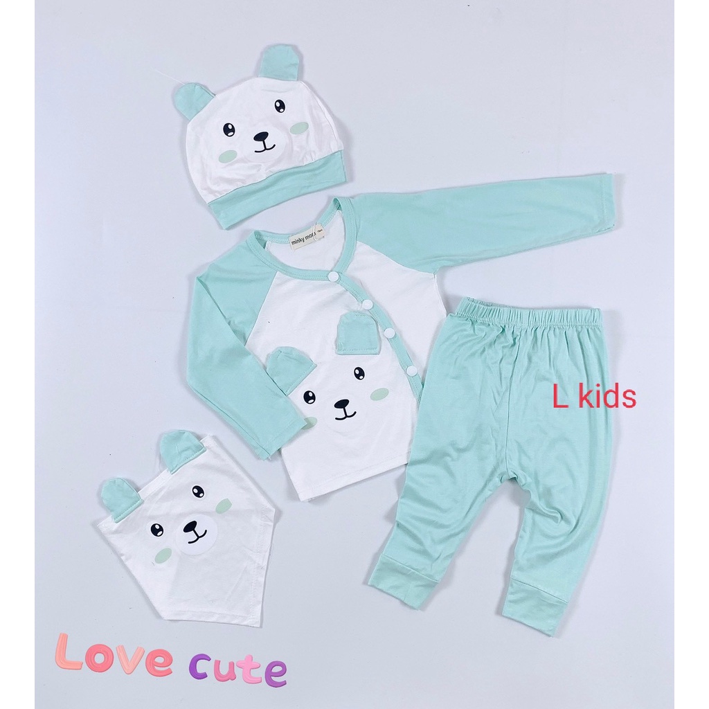 [Bé 6-13kg] Bộ dài tay sơ sinh kèm nón và khăn THUN LẠNH MINKY MOM Quần Đắp Đũng, Nút Cài Chéo, cho bé trai bé gái