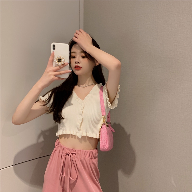 SUXI Mùa hè Mới Màu rắn dệt kim Áo thun nữ Áo phông cổ chữ V Áo ngắn gợi cảm