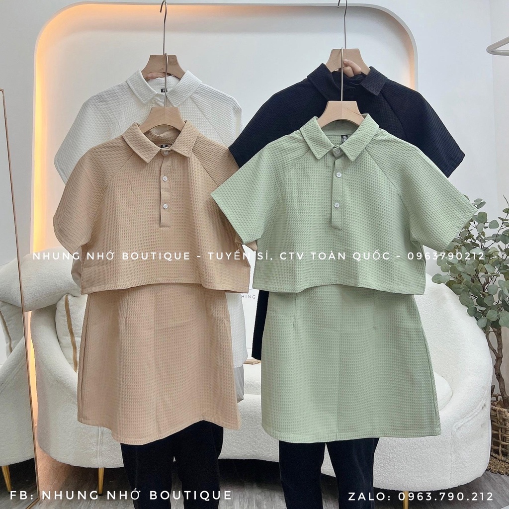 Set xốp croptop cộc tay trơn cổ đức mix chân váy 5065 chữ A chun lưng A1051A Nhung Nhớ
