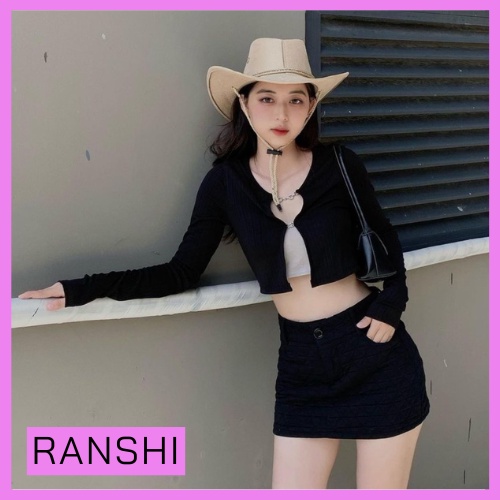 [Hàng Loại 1] Set Áo Croptop Móc Cài Mùa Hè RANSHI Áo Khoác Dài Tay (Kèm áo 2 dây) Chất Mặc Mát Siêu Cá Tính - RA068