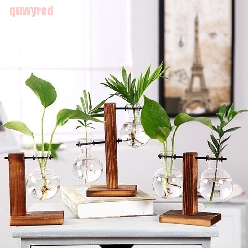 quwyred Hydroponic Plant Vases Vintage Flower Pot Wooden Frame Glass Home Decor Bonsai GWT