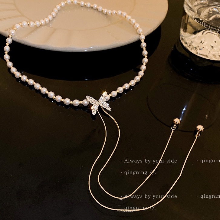 Vòng cổ Dài Mặt Hình Bướm Đính Ngọc Trai Thời Trang
