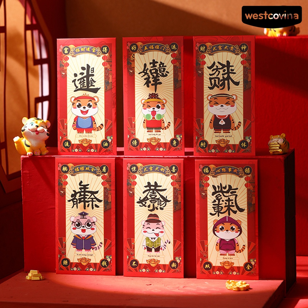 Bộ 6 bao lì xì họa tiết hổ hoạt hình 2022