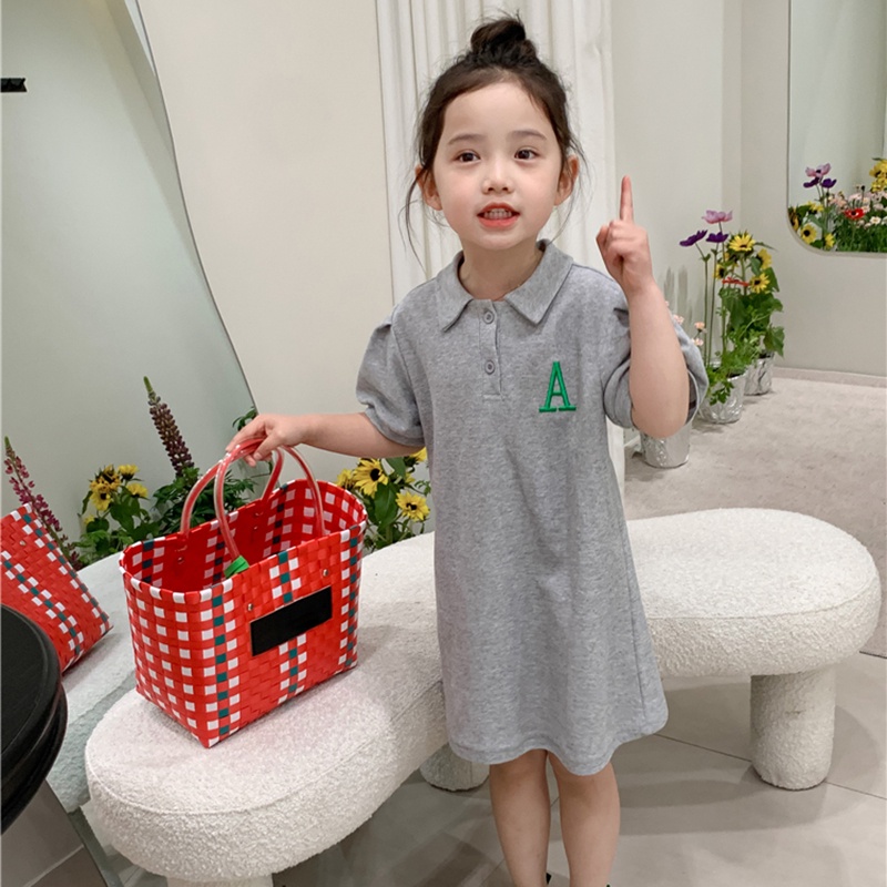 Đầm Tay Ngắn Cổ Bẻ Thêu Họa Tiết Thời Trang Mùa Hè Cho Bé Gái