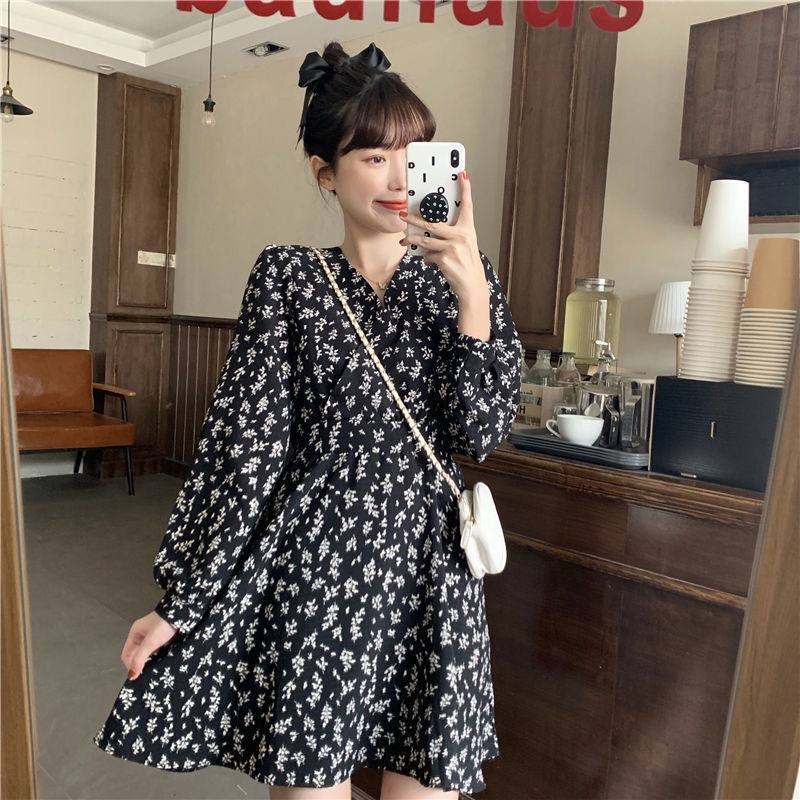 Đầm Xinlanyashe ôm eo cổ chữ V in hoa phong cách Hàn Quốc cho nữ váy thiết kế tay bồng