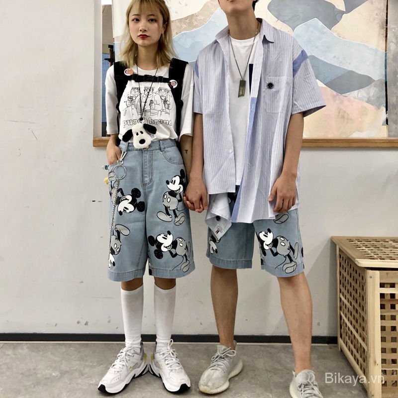 Summer Korean Style Cartoon Printed Mickey Denim Shorts Couple Loose High Waist Straight Wide Leg Cropped Pants for Men and Women