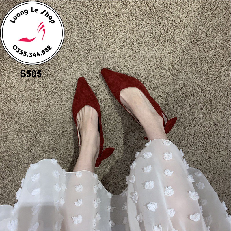 Dép Mules đế vuông 6cm mũi nhọn da lộn cải nơ sau 4 màu đen kem đỏ xanh ms S505
