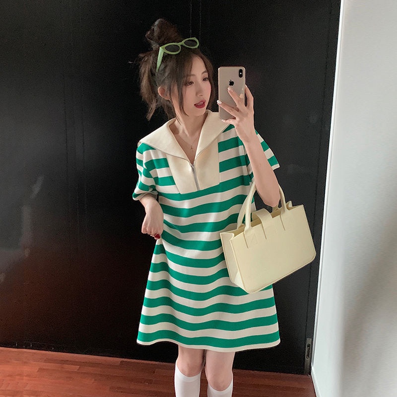 Đầm Kẻ Sọc Thời Trang Mùa Hè Hàn Quốc Cổ Điển Kích Cỡ Lớn Cho Nữ