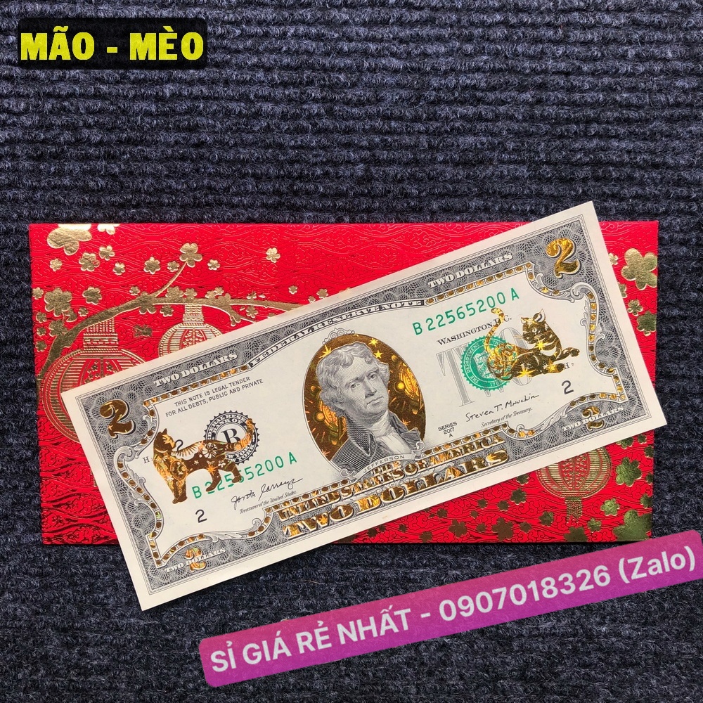 Tiền 2 USD Hình Con Mèo Vàng 3D 2023 Lì Xì Tết, kèm bao da đỏ, sưu tầm lưu niệm, quà Tết, trang trí