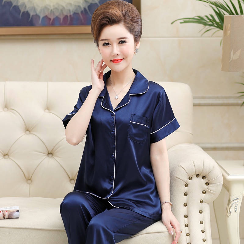 Bộ đồ ngủ tay ngắn chất lụa phong cách giản dị thời trang mùa hè cho phụ nữ trung niên