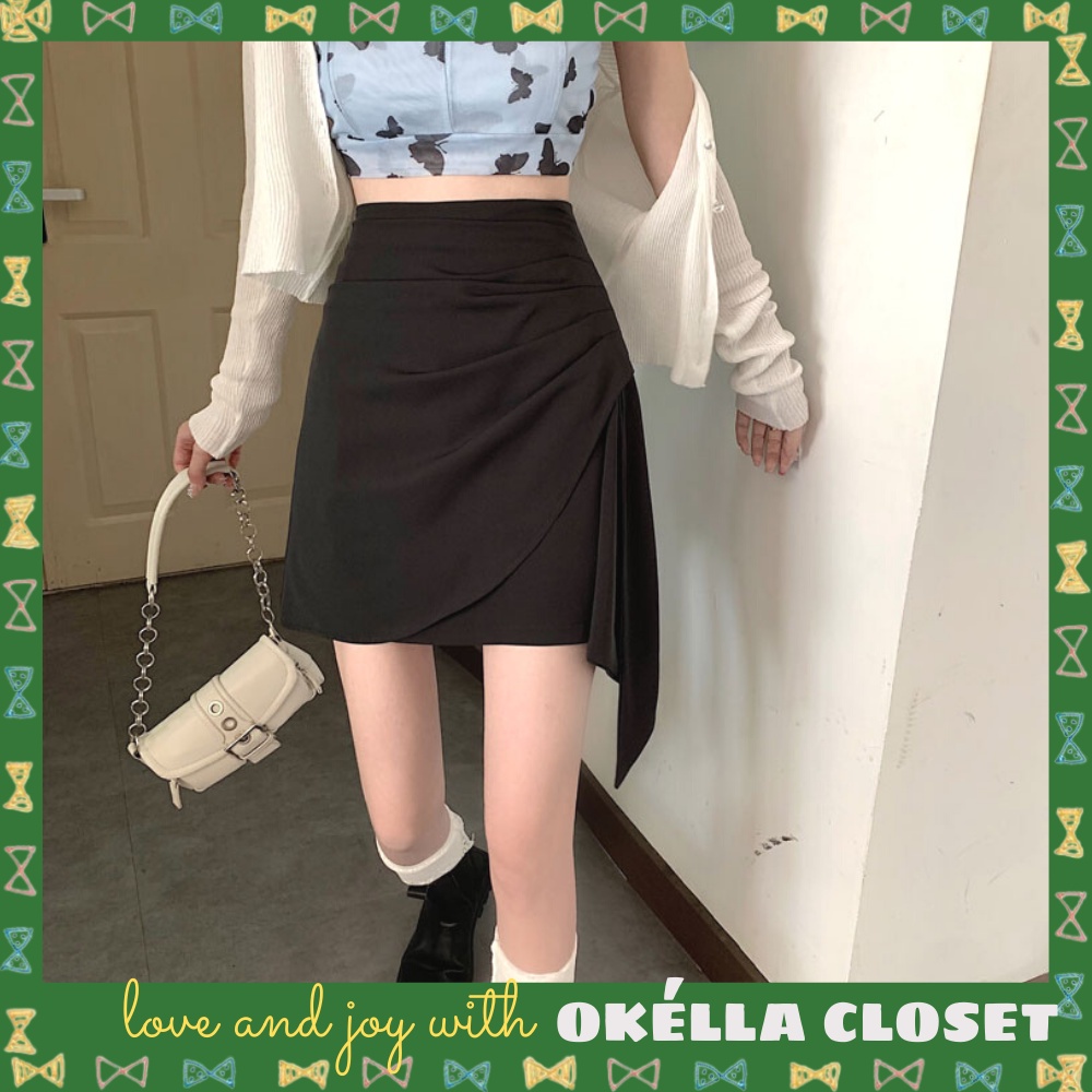 Chân váy A cách điệu vạt chéo bên hông, chân váy nữ dáng ngắn cạp cao 2 màu nâu đen Okella CV009 (có ảnh thật)