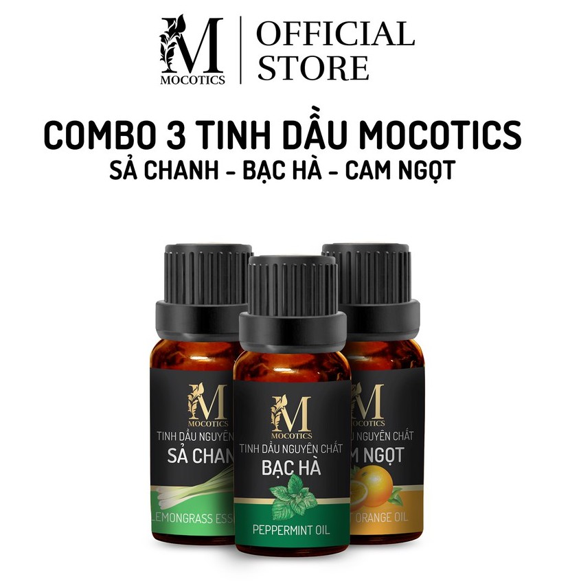 Tinh dầu thiên nhiên xông phòng, đuổi muỗi Mocotics: combo 3 loại sả chanh + bạc hà + cam ngọt dung tích 10ml