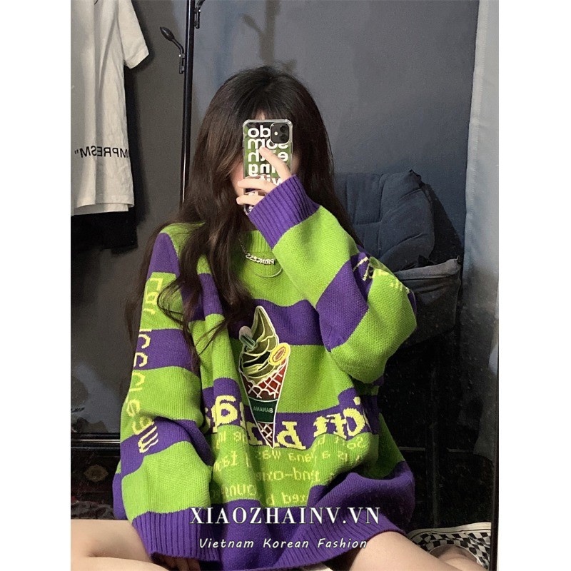 Áo sweater tay dài dáng rộng kẻ sọc kiểu retro thời trang cho nữ