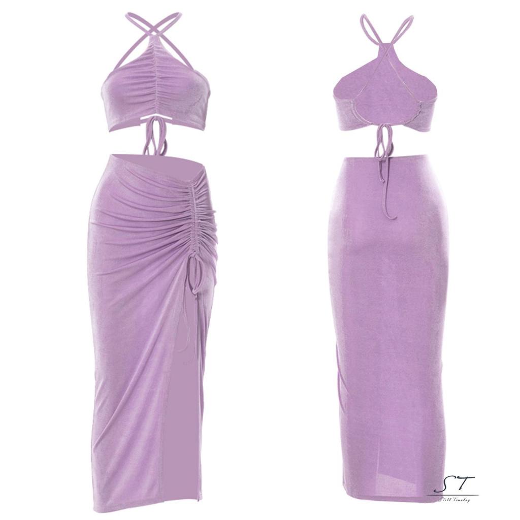 Set Đồ 2 Món Gồm Áo Croptop Cổ Chéo Màu Trơn + Chân Váy Dây Rút Xẻ Tà Thời Trang Cho Nữ CY03