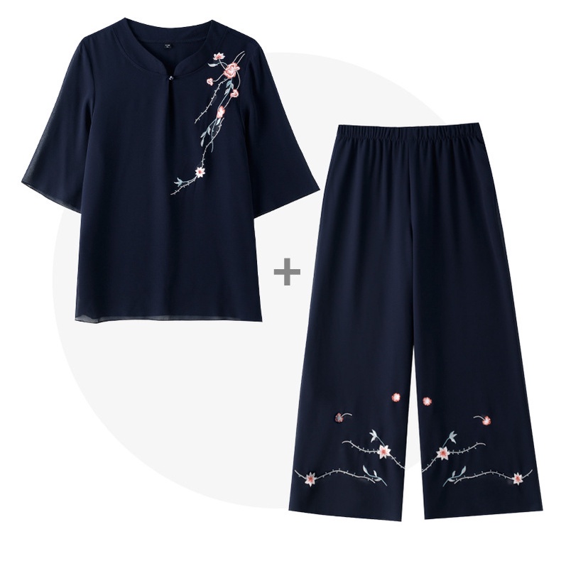 Đồ bộ trung niên nữ cho mẹ, Hàng Quảng Châu cao cấp, Bộ voan hoa xanh dương V'vie Ladies #B24