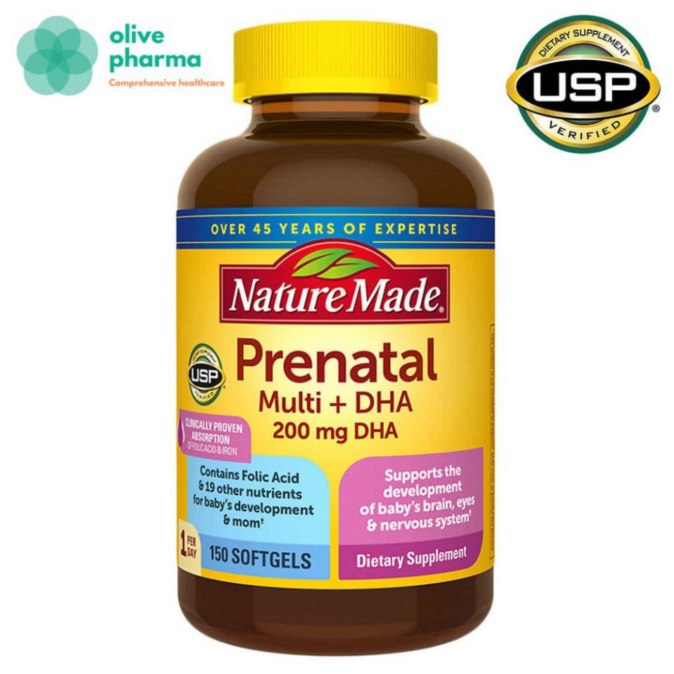 VÔ DỊCH TẦM GIÁ [150 Viên] Thuốc Bổ Cho Bà Bầu Nature Made Prenatal Multi DHA 200mg của Mỹ [Chuẩn USA] - Cho Bé Thông Mi